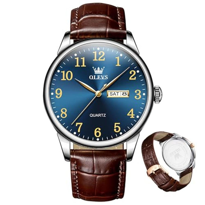 Watch Men: OLEVS Brown Leather Big Face Minimalist Watch – Front View