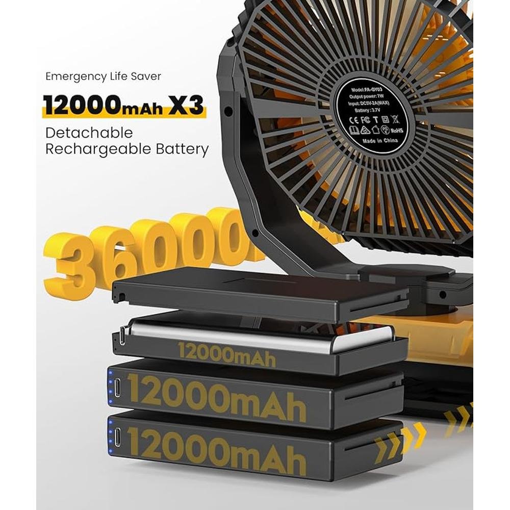Fan Battery: 36000mAh Portable Camping Fan 150hrs – Side View