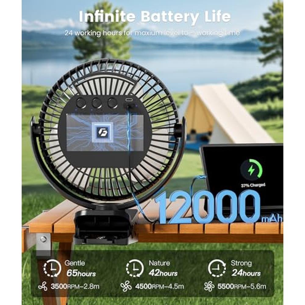 Korbot Clip: Korbot 8 Inch Clip-on Fan 12000mAh Portable – Side View