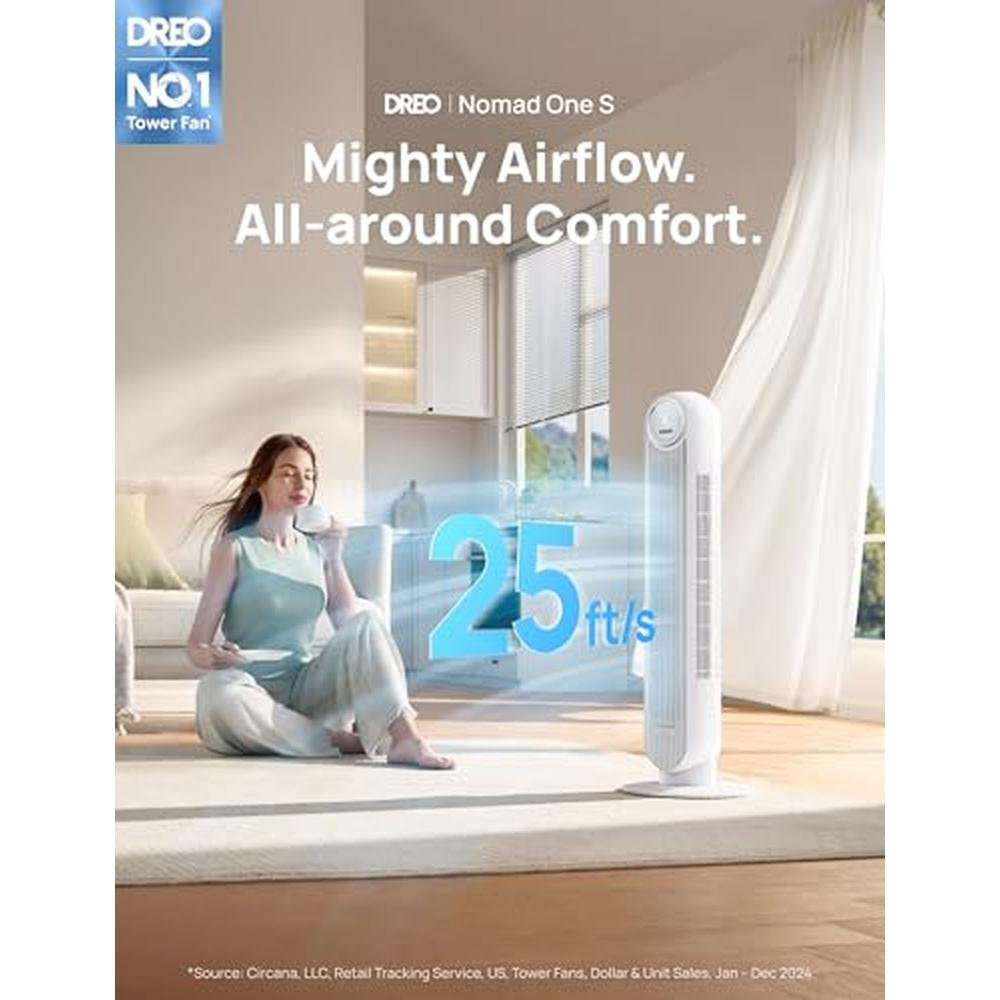 Dreo Tower Fan: Smart Standing Fan with 90-Degree – Side View