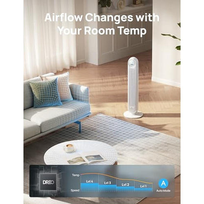 Dreo Tower Fan: Smart Standing Fan with 90-Degree – In Use
