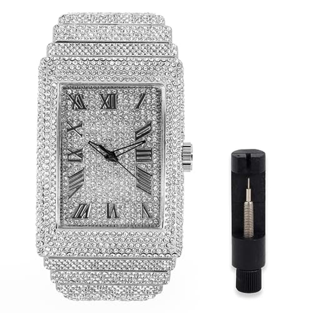 Men's Fully Iced Out Rectangle Watch – Front View