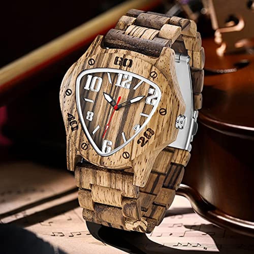 Watches Men: Dentily Men's Wooden Watch Triangle Quartz – Side View