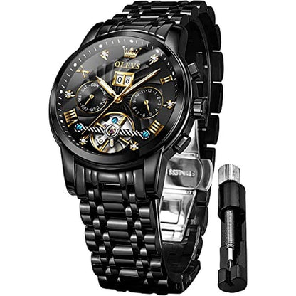 OLEVS Automatic Watches for Men Black Luxury Wrist Watch – Front View