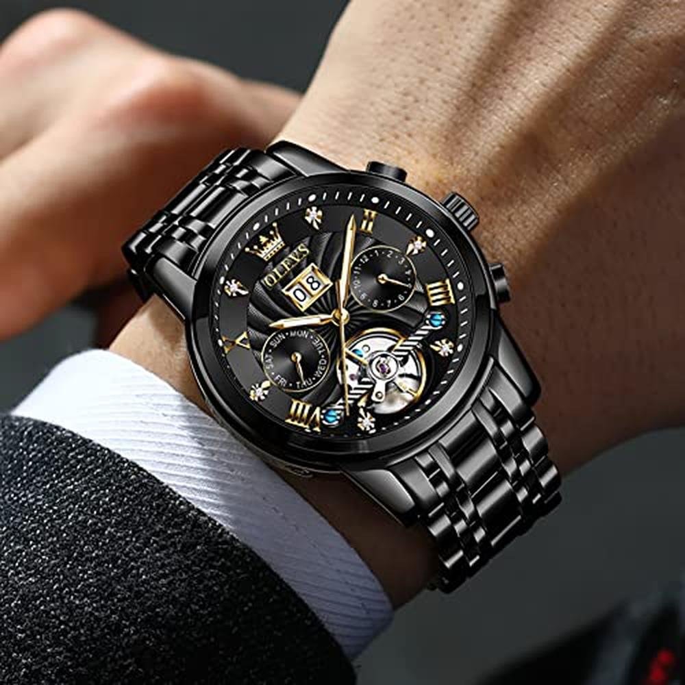 OLEVS Automatic Watches for Men Black Luxury Wrist Watch – Side View