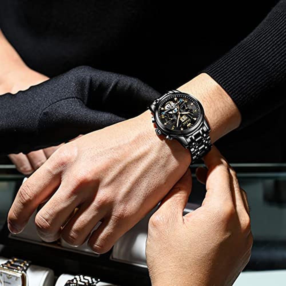 OLEVS Automatic Watches for Men Black Luxury Wrist Watch – Close-up Detail