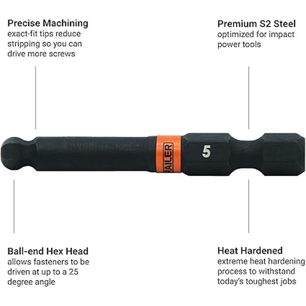 Hex Ball: Railer 3mm Ball-End Hex Impact Driver Bits – Close-up Detail