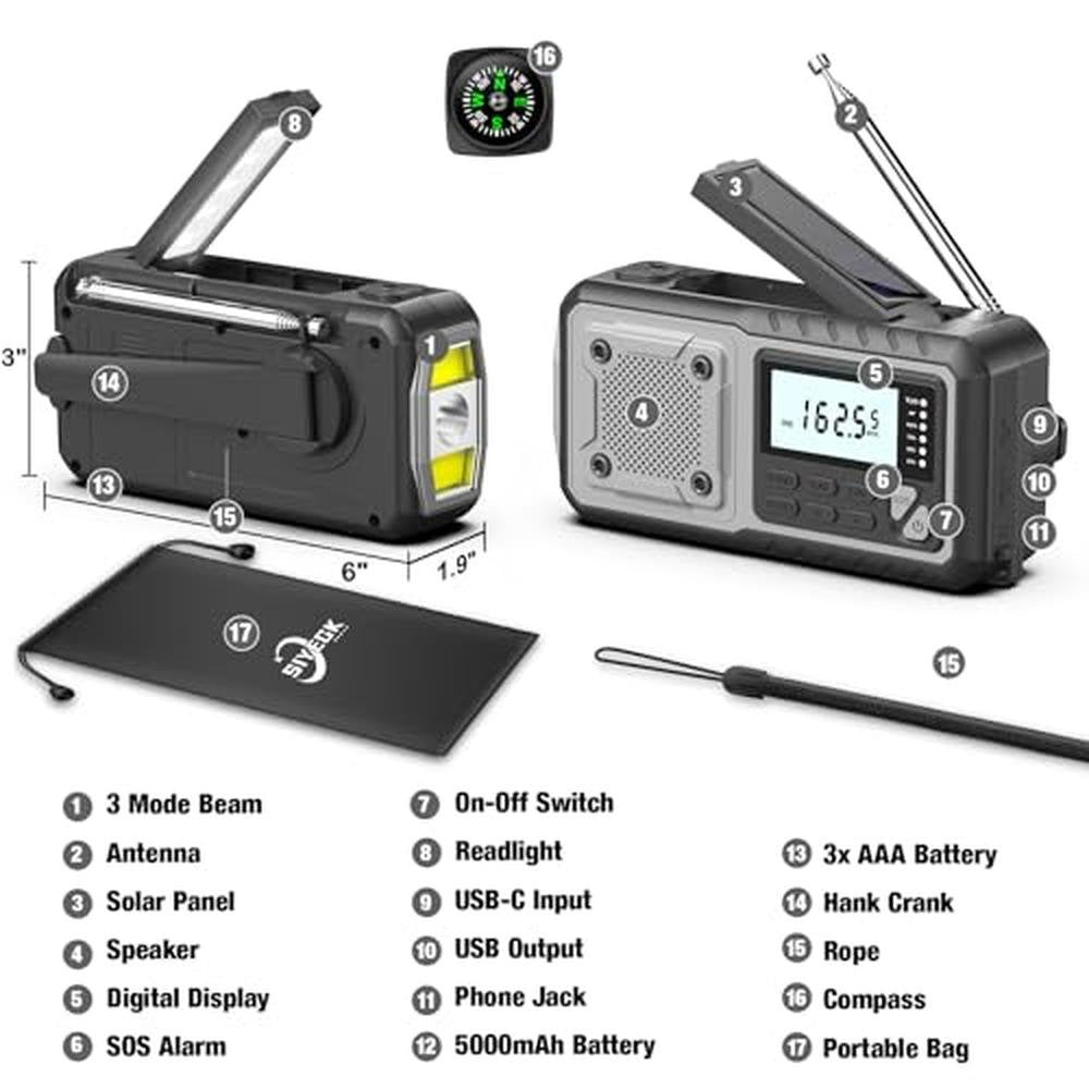 Weather Radio: SIYEGK Emergency 5000mAh Solar Hand Crank – Close-up Detail