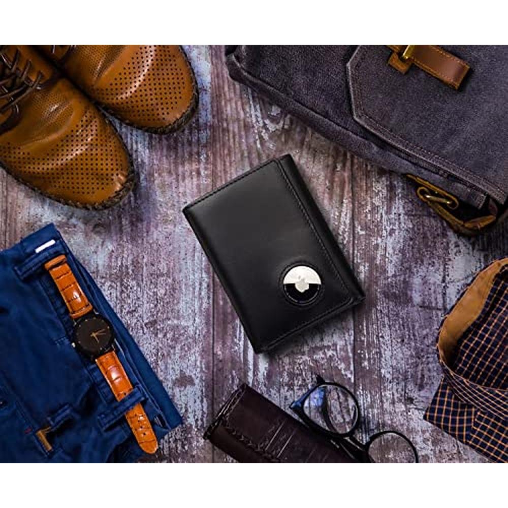 Stealth Mode: Men's Leather Trifold Wallet with Airtag – Close-up Detail