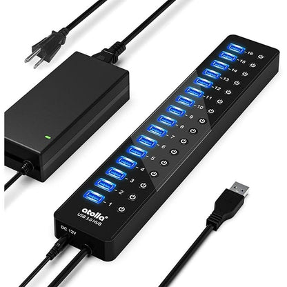 Power USB Hub 3.0: atolla 16 Port USB Splitter with 12V/6A – Front View
