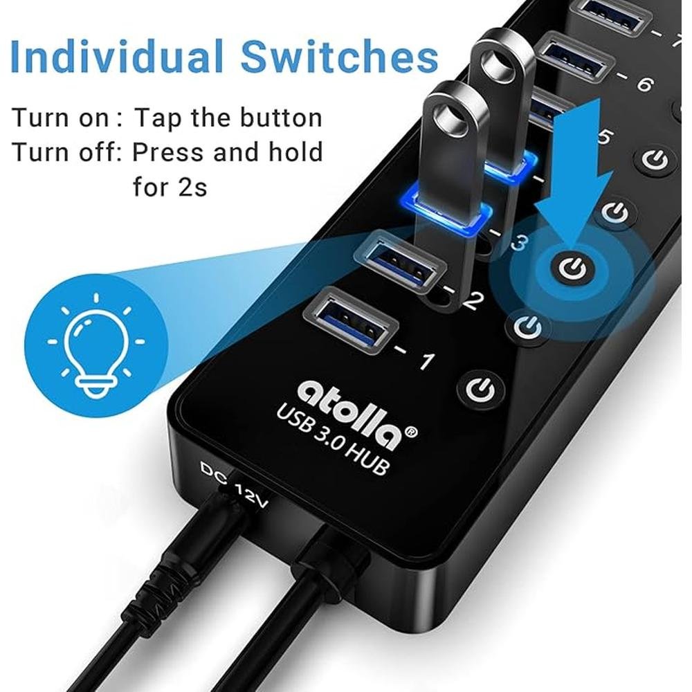 Power USB Hub 3.0: atolla 16 Port USB Splitter with 12V/6A – Side View