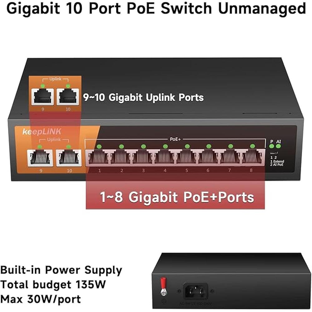 8 Port Gigabit PoE Switch with 2 Gigabit Uplink – Close-up Detail