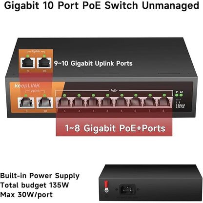8 Port Gigabit PoE Switch with 2 Gigabit Uplink – Close-up Detail