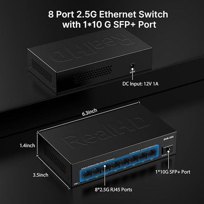 Real HD 8 Port 2.5G Ethernet Switch Unmanaged Network – Side View