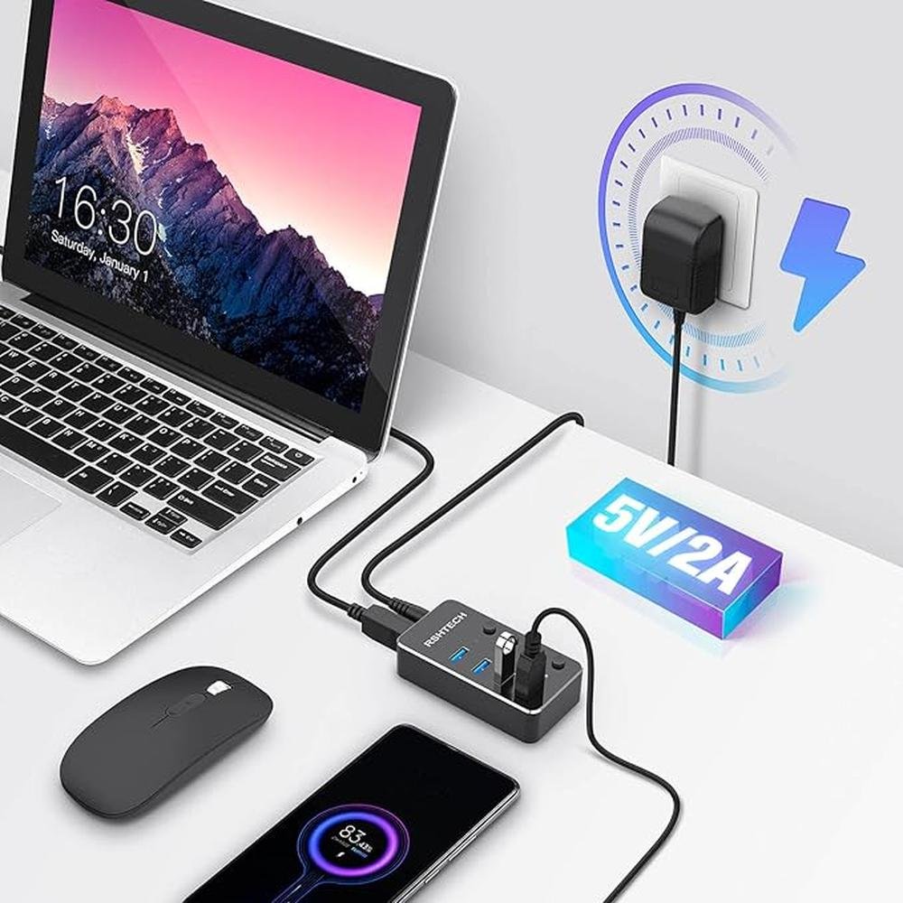 USB 3.0 Hub RSHTECH 4 Port Powered USB 3.0/USB C Hub – Side View