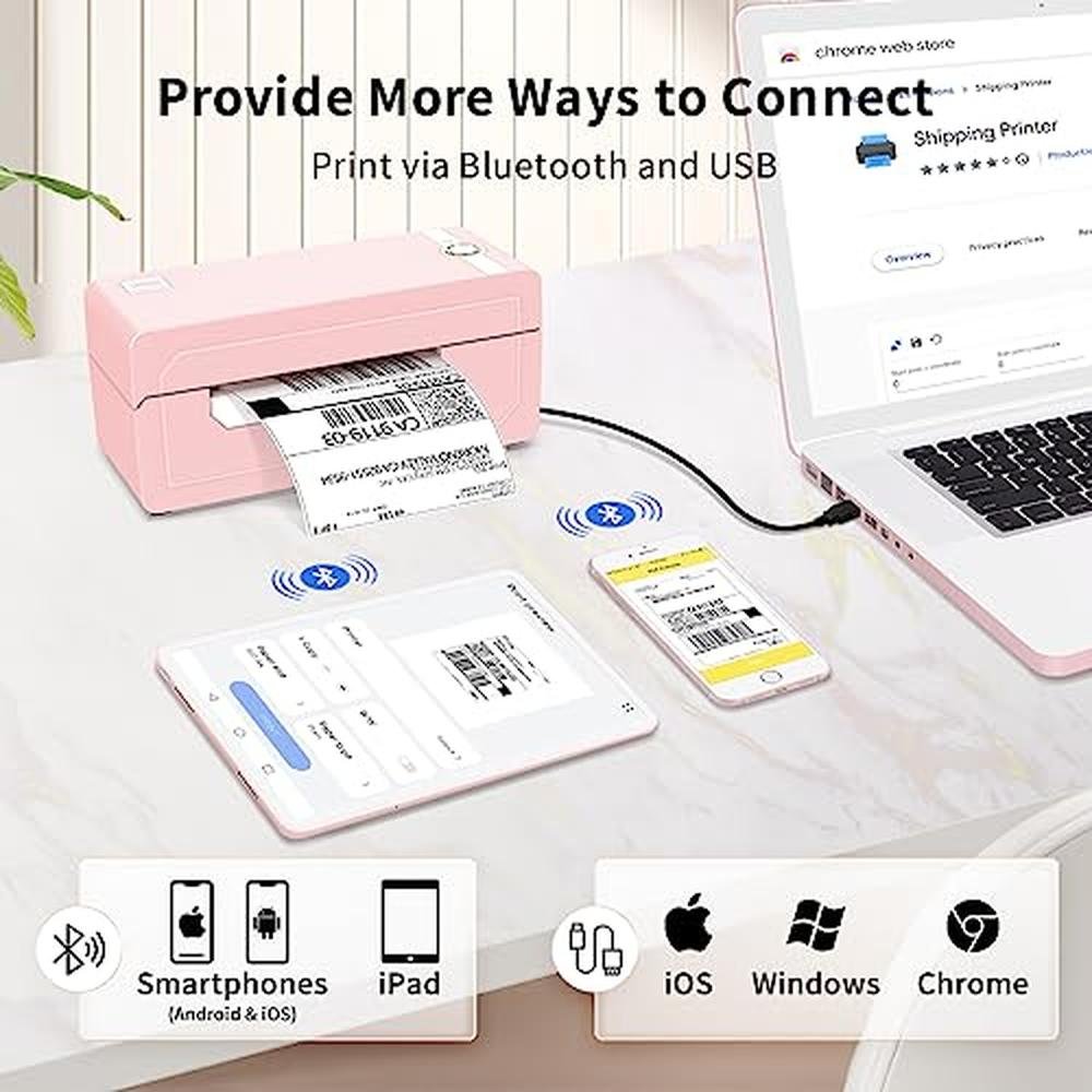 Label Printer: JADENS Bluetooth Thermal 4x6 Pink Wireless – Side View