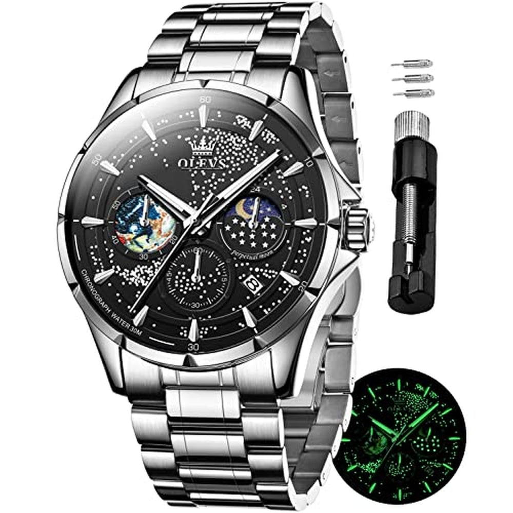 OLEVS Mens Watches Black Starry Sky Moon Phase Dial Luxury – Front View
