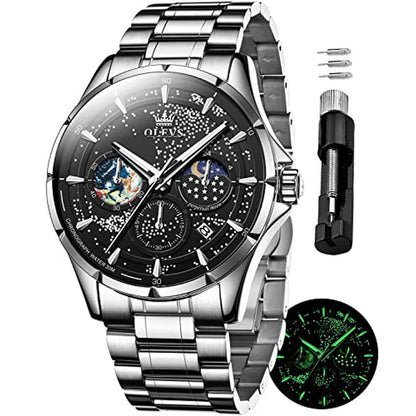 OLEVS Mens Watches Black Starry Sky Moon Phase Dial Luxury – Front View