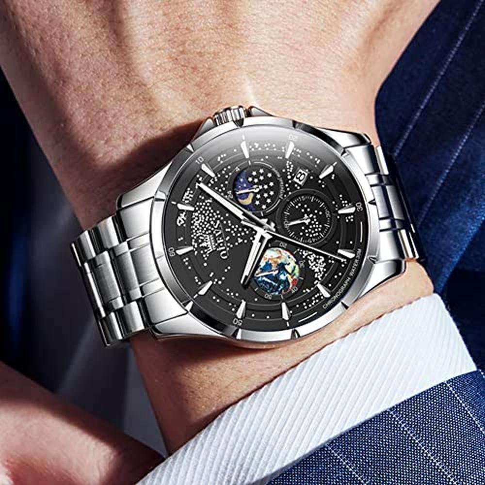 OLEVS Mens Watches Black Starry Sky Moon Phase Dial Luxury – Side View