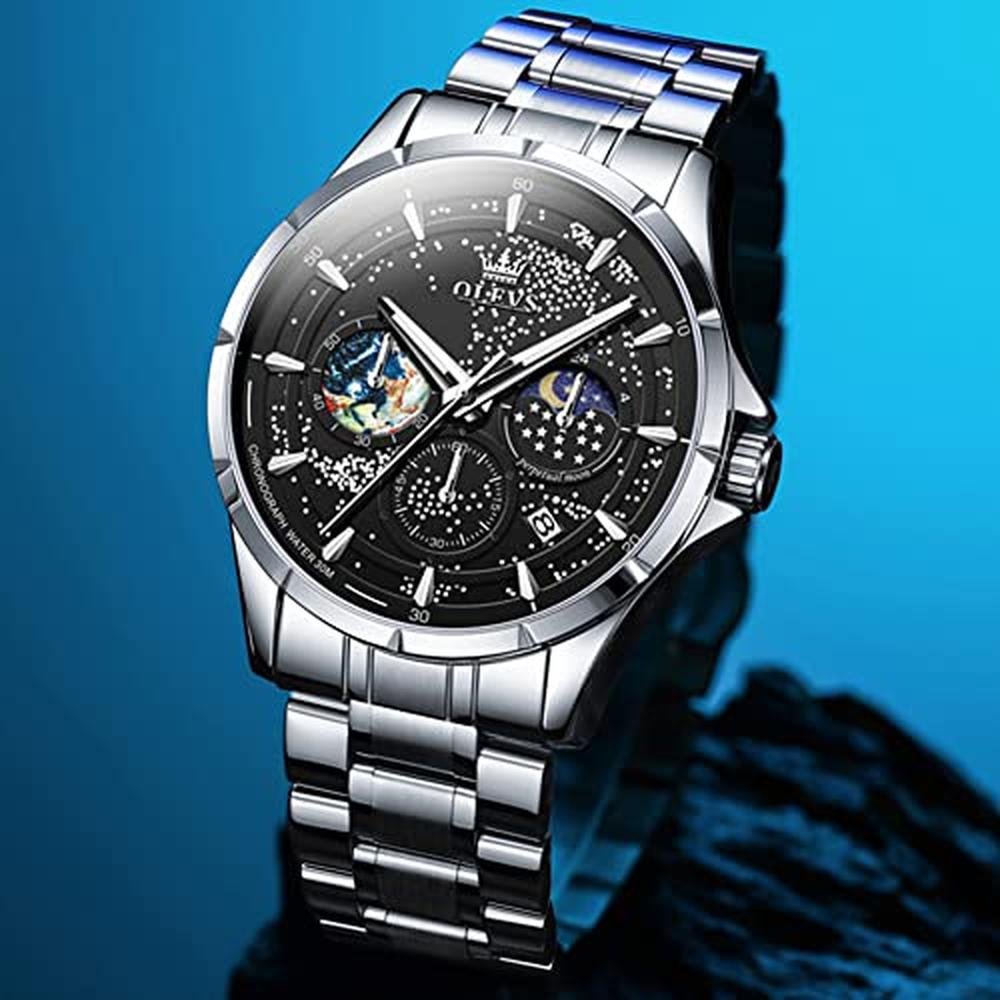 OLEVS Mens Watches Black Starry Sky Moon Phase Dial Luxury – Close-up Detail