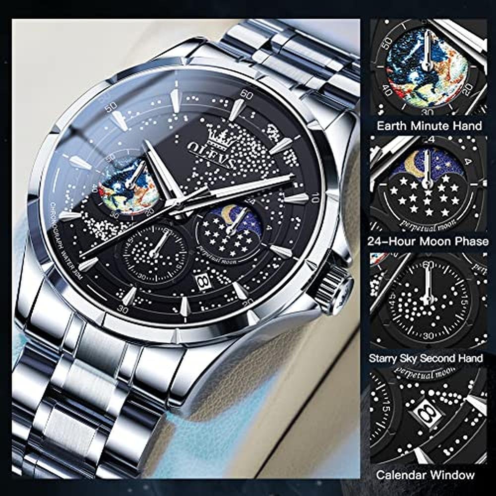 OLEVS Mens Watches Black Starry Sky Moon Phase Dial Luxury – In Use