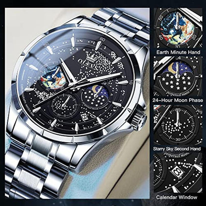 OLEVS Mens Watches Black Starry Sky Moon Phase Dial Luxury – In Use