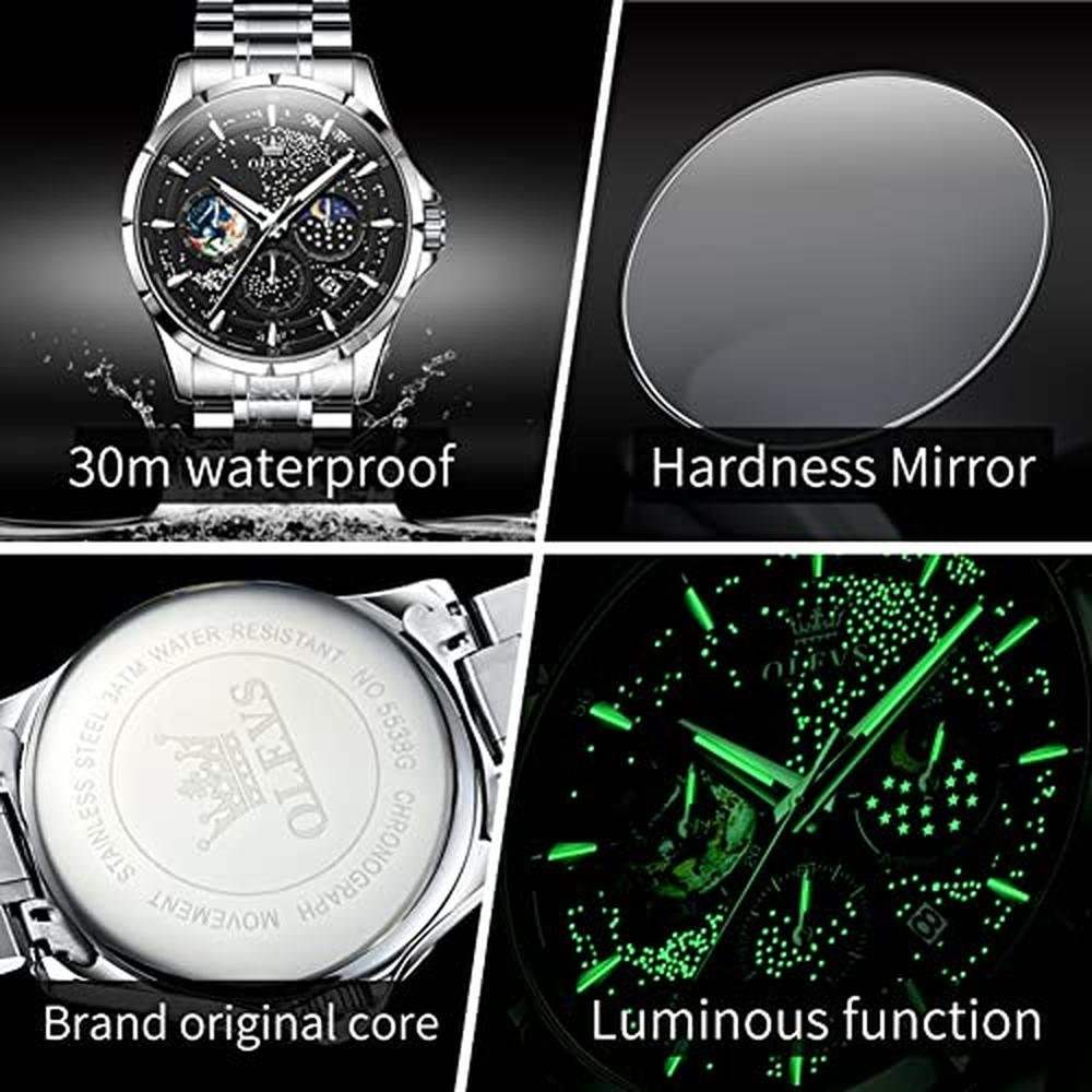 OLEVS Mens Watches Black Starry Sky Moon Phase Dial Luxury – Packaging