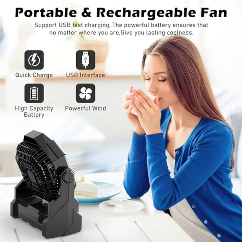 Camping Fan: Howhio Rechargeable 10400mAh Portable Battery – Side View
