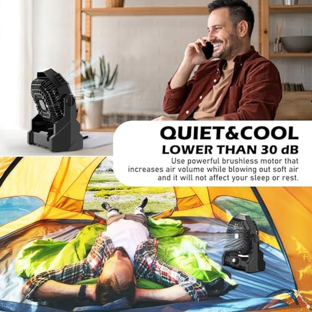 Camping Fan: Howhio Rechargeable 10400mAh Portable Battery – In Use