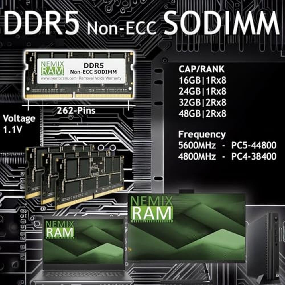NEMIX RAM: 64GB (2X32GB) DDR5 5200MHz PC5-41600 2Rx8 1.1V – Side View