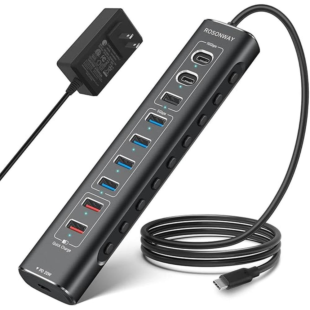 Rosonway 10-Port Powered USB 3.2/USB C Hub 60W with – Front View