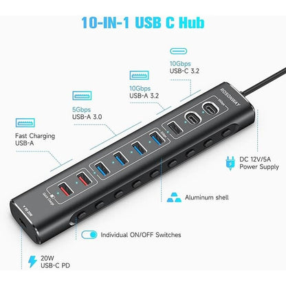 Rosonway 10-Port Powered USB 3.2/USB C Hub 60W with – Side View