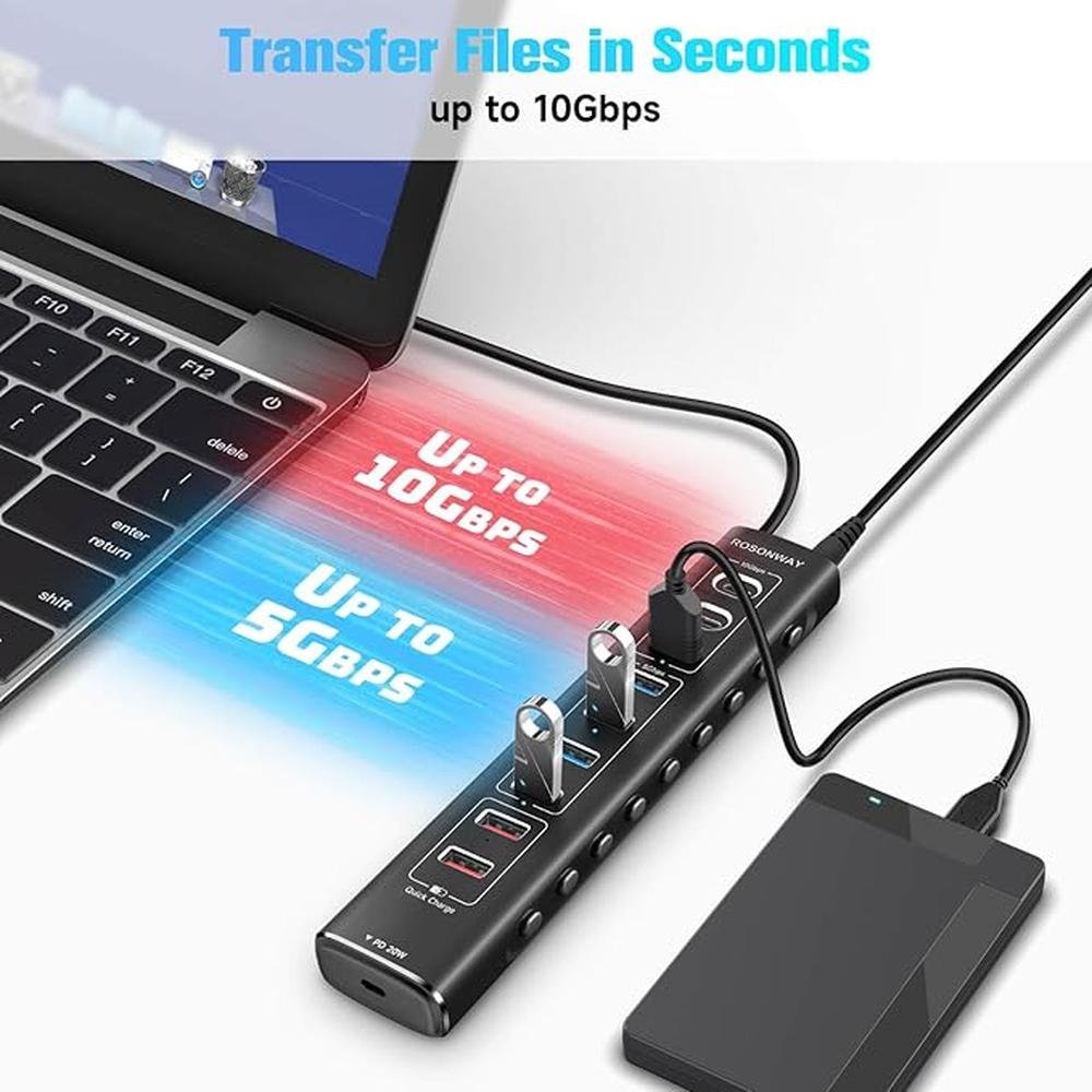 Rosonway 10-Port Powered USB 3.2/USB C Hub 60W with – Close-up Detail