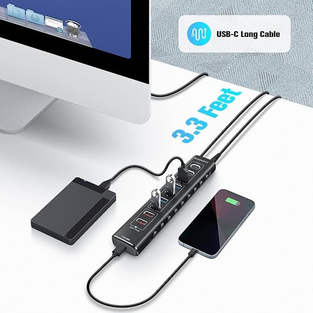 Rosonway 10-Port Powered USB 3.2/USB C Hub 60W with – Packaging