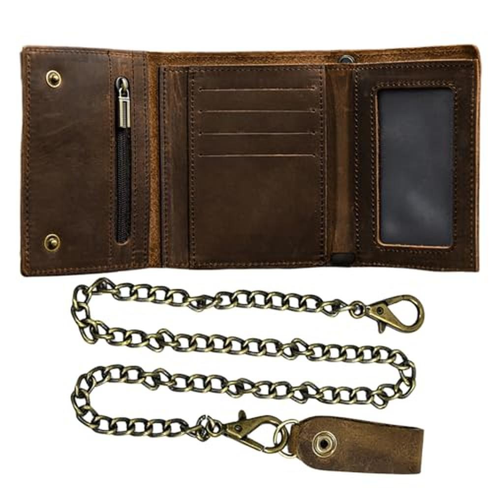 Men Leather Wallet: WBQMUNY Tri-fold Vintage Biker Cowhide – Front View