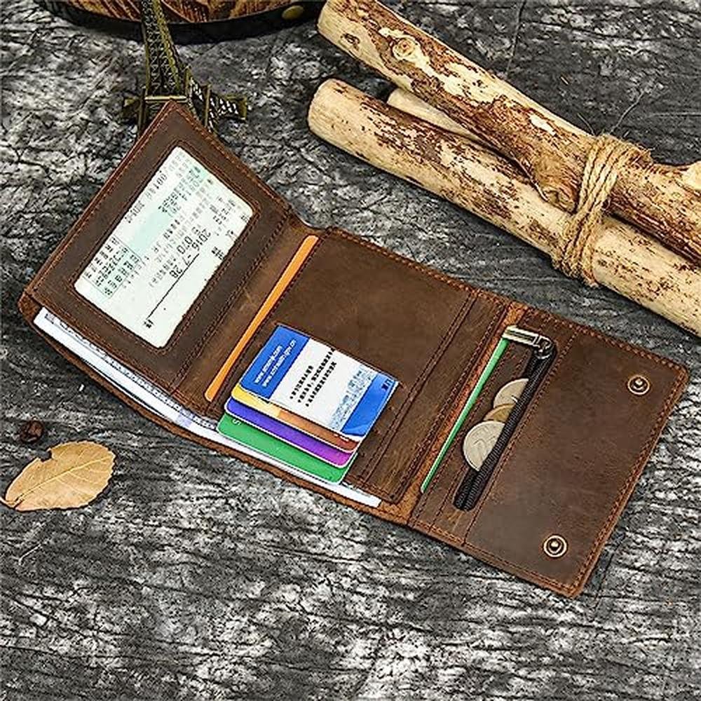 Men Leather Wallet: WBQMUNY Tri-fold Vintage Biker Cowhide – Close-up Detail