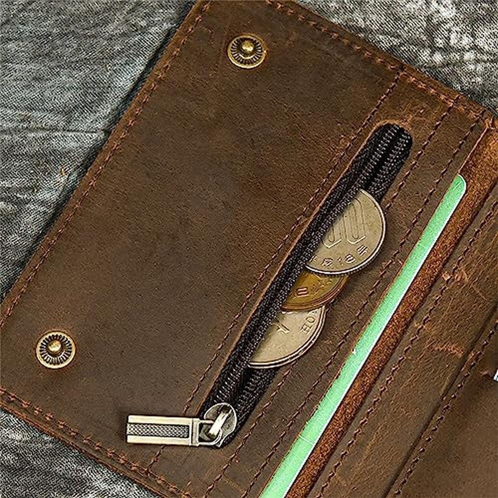 Men Leather Wallet: WBQMUNY Tri-fold Vintage Biker Cowhide – In Use