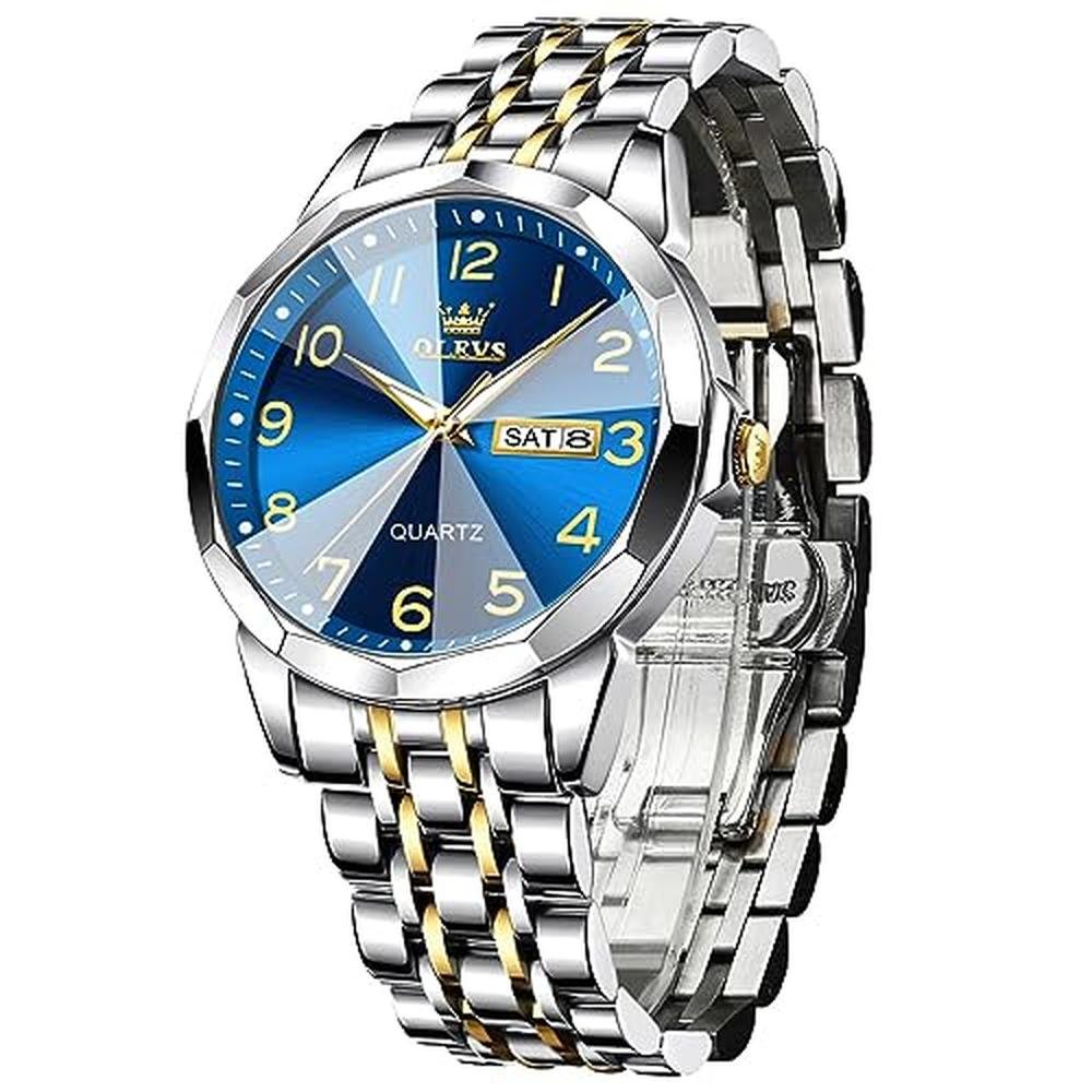 Watches Men: OLEVS Blue Large Face Arabic Numerals Analog – Front View