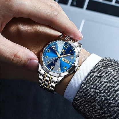 Watches Men: OLEVS Blue Large Face Arabic Numerals Analog – Side View