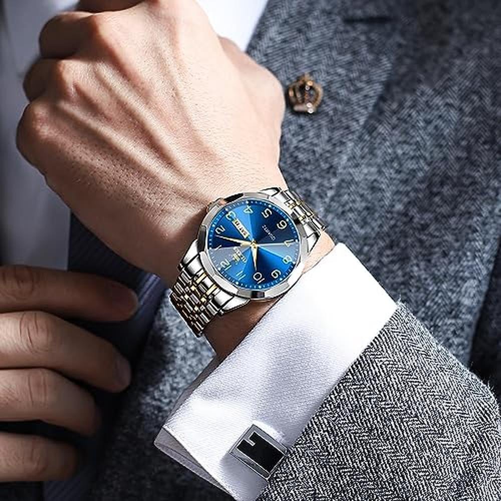 Watches Men: OLEVS Blue Large Face Arabic Numerals Analog – Close-up Detail