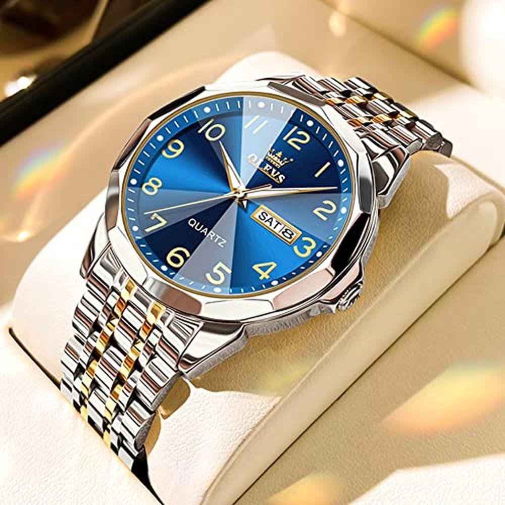 Watches Men: OLEVS Blue Large Face Arabic Numerals Analog – In Use