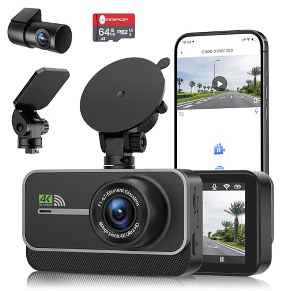 Dash Camera: 4K+1080P WiFi Dual Dash Camera for Car Front – Front View