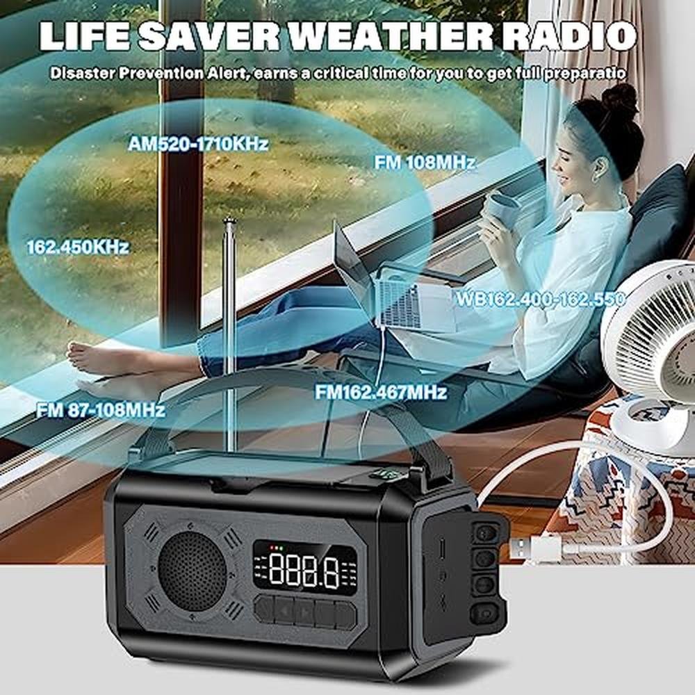 Solar Radio: 12000mAh Emergency Weather Radio Hand Crank – In Use