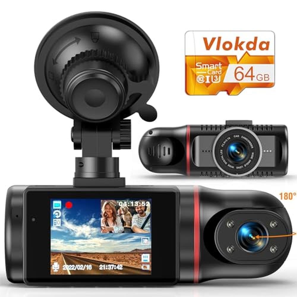Dash Cam: Vlokda FHD Dual-Lens Dash Cam for Cars with 64GB – Front View