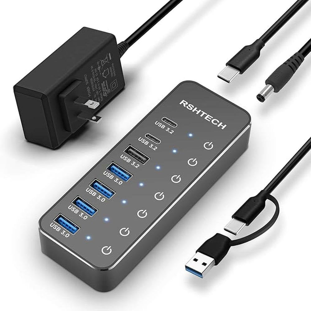 RSHTECH 7-Port Powered USB 3.2/USB C Hub with 10Gbps USB-A – Front View