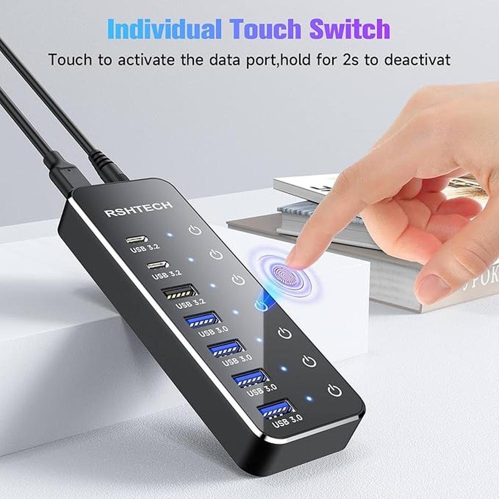 RSHTECH 7-Port Powered USB 3.2/USB C Hub with 10Gbps USB-A – Side View