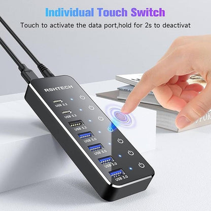 RSHTECH 7-Port Powered USB 3.2/USB C Hub with 10Gbps USB-A – Side View