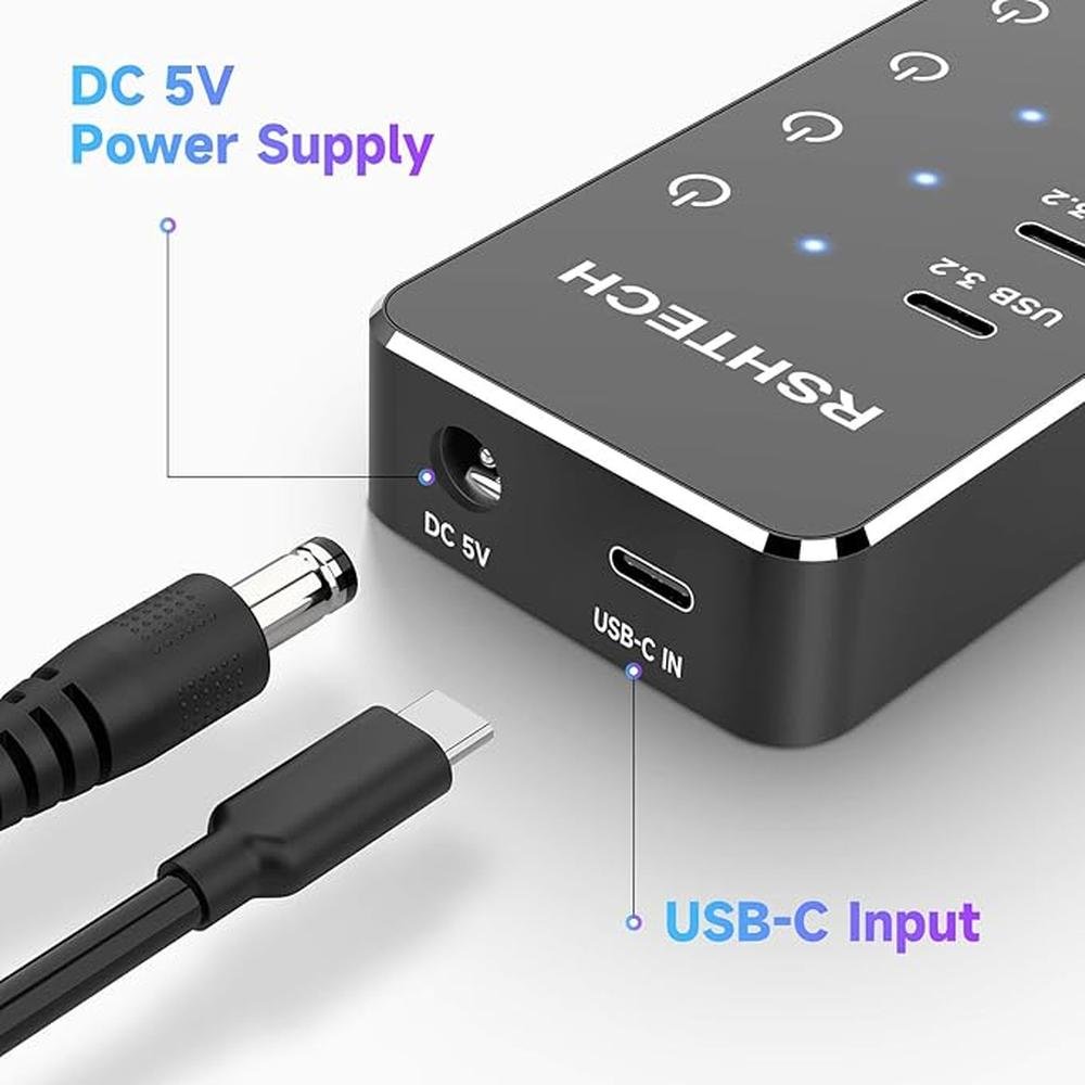 RSHTECH 7-Port Powered USB 3.2/USB C Hub with 10Gbps USB-A – Close-up Detail