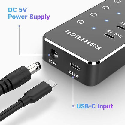 RSHTECH 7-Port Powered USB 3.2/USB C Hub with 10Gbps USB-A – Close-up Detail