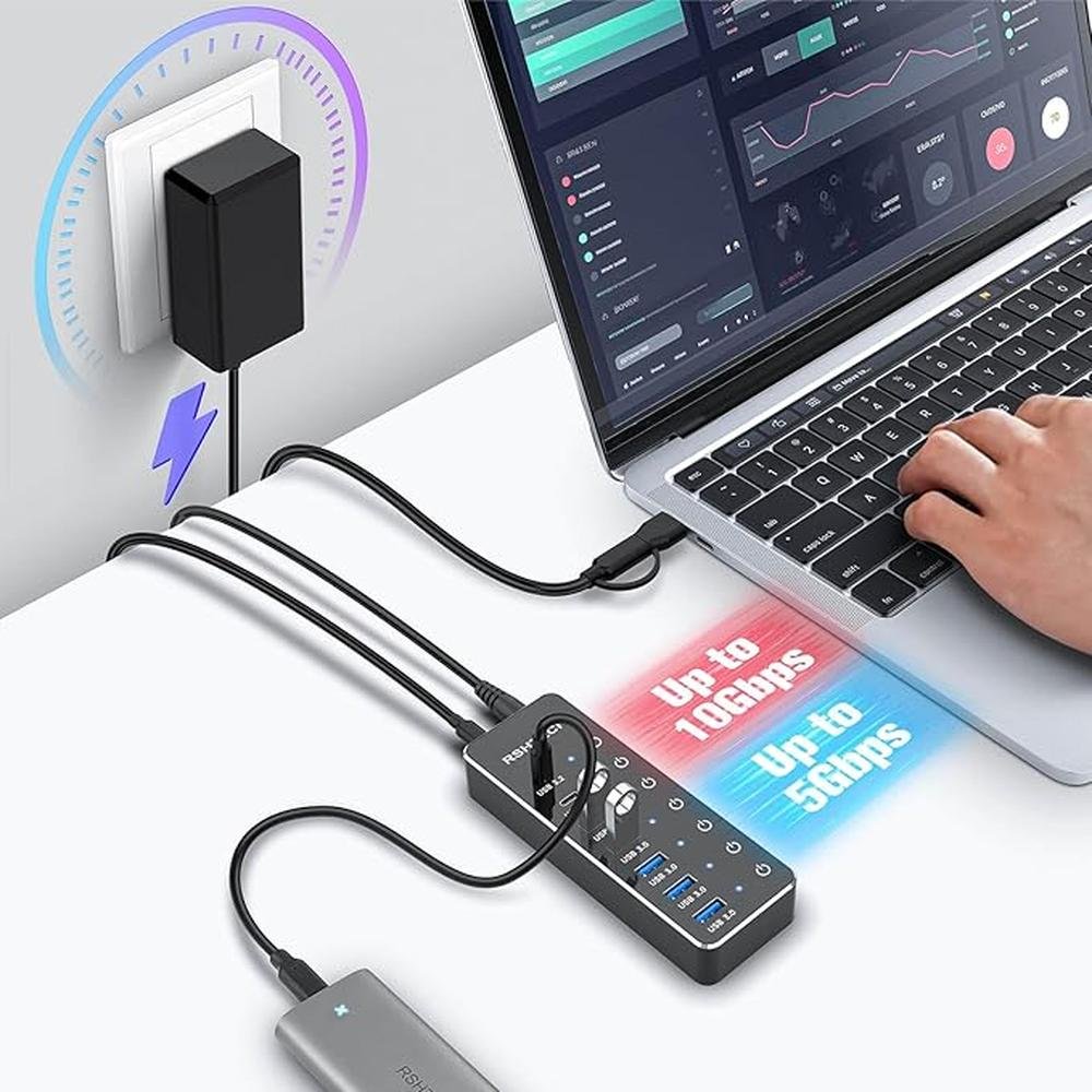 RSHTECH 7-Port Powered USB 3.2/USB C Hub with 10Gbps USB-A – In Use
